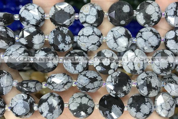 COIN06 15 inches 12mm faceted coin snowflake obsidian beads
