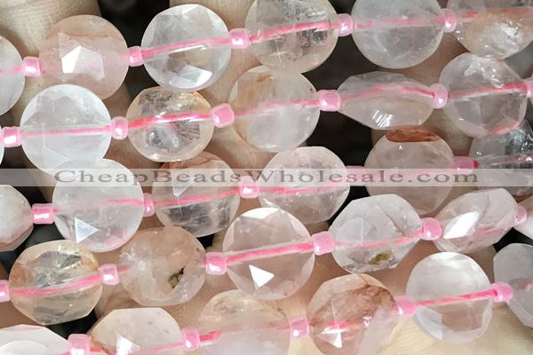 COIN105 15 inches 12mm faceted coin pink quartz beads