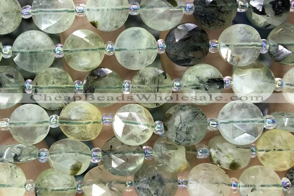 COIN16 15 inches 10mm faceted coin green rutilated quartz beads
