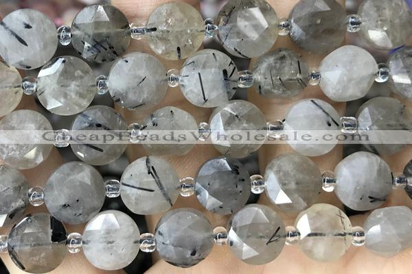 COIN27 15 inches 10mm faceted coin black rutilated quartz beads