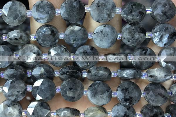 COIN43 15 inches 10mm faceted coin black labradorite beads