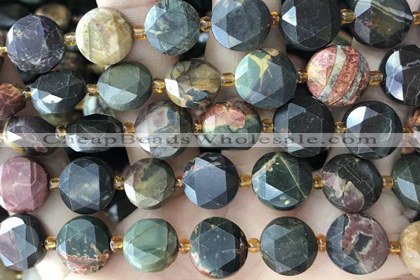 COIN47 15 inches 12mm faceted coin picasso jasper gemstone beads