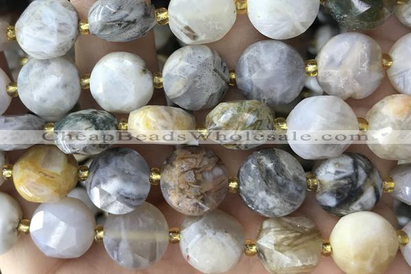 COIN48 15 inches 12mm faceted coin bamboo leaf agate beads