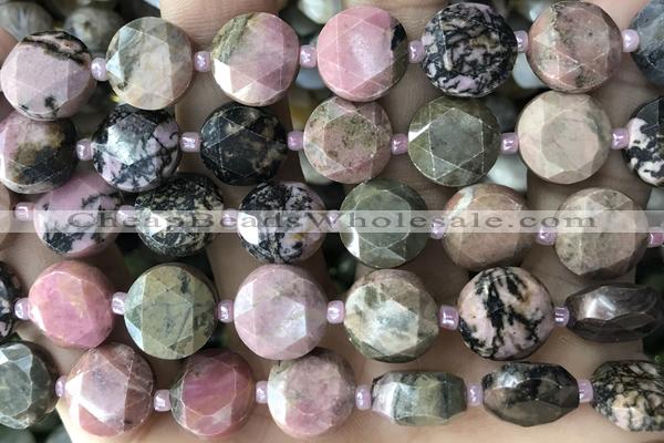 COIN49 15 inches 12mm faceted coin rhodonite gemstone beads