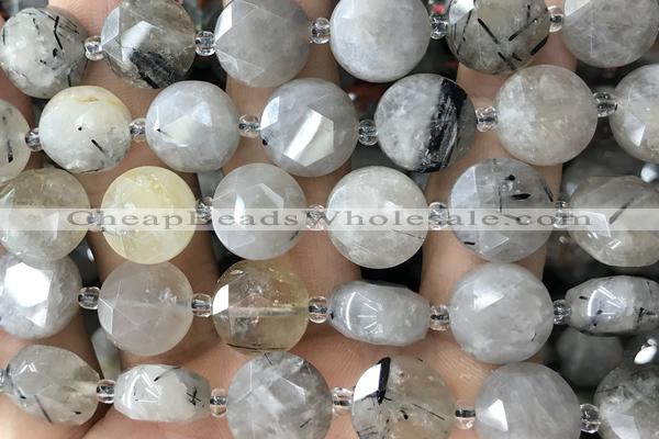 COIN52 15 inches 12mm faceted coin black rutilated quartz beads