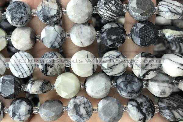 COIN70 15 inches 12mm faceted coin black water jasper beads