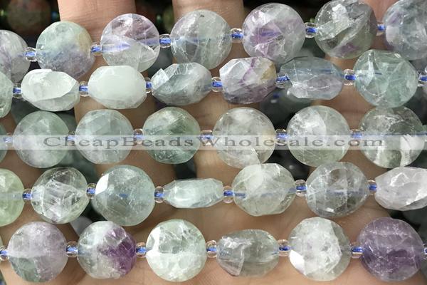 COIN77 15 inches 12mm faceted coin fluorite gemstone beads