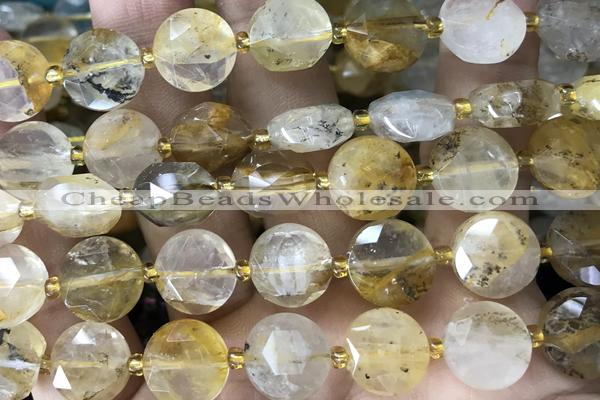 COIN89 15 inches 12mm faceted coin scenic quartz gemstone beads