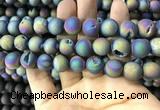 CAA1359 15.5 inches 14mm round matte plated druzy agate beads