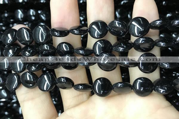 CAA2527 15.5 inches 12mm flat round black agate beads wholesale