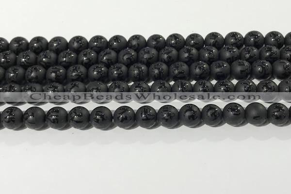 CAA3675 15.5 inches 6mm round matte & carved black agate beads