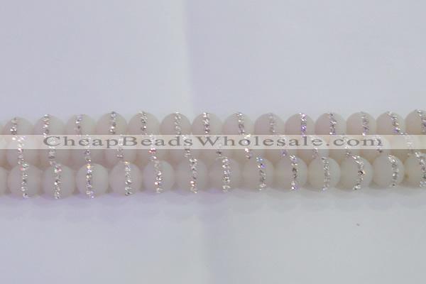 CAG8831 15.5 inches 8mm round matte agate with rhinestone beads
