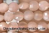 CCB543 15.5 inches 4mm faceted coin peach moonstone beads