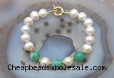 CFB1033 Hand-knotted 9mm - 10mm potato white freshwater pearl & peafowl agate bracelet