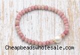 CFB727 faceted rondelle pink wooden jasper & potato white freshwater pearl stretchy bracelet