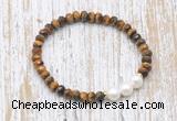 CFB767 faceted rondelle yellow tiger eye & potato white freshwater pearl stretchy bracelet