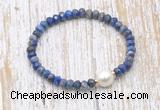CFB772 faceted rondelle lapis lazuli & potato white freshwater pearl stretchy bracelet