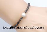 CFB830 4mm faceted round bronzite & potato white freshwater pearl bracelet