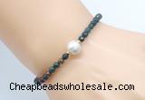 CFB837 4mm faceted round Indian bloodstone & potato white freshwater pearl bracelet