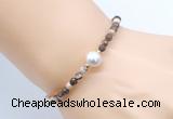 CFB839 4mm faceted round brown zebra jasper & potato white freshwater pearl bracelet