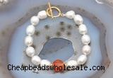 CFB921 Hand-knotted 9mm - 10mm rice white freshwater pearl & red banded agate bracelet