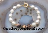 CFB970 Hand-knotted 9mm - 10mm rice white freshwater pearl & brown zebra jasper bracelet