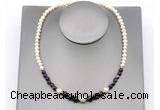 CFN127 potato white freshwater pearl & black banded agate necklace, 16 - 24 inches