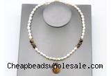 CFN158 baroque white freshwater pearl & yellow tiger eye necklace with pendant