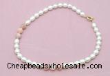 CFN324 9 - 10mm rice white freshwater pearl & pink opal necklace wholesale