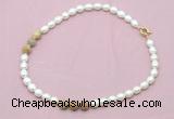 CFN327 9 - 10mm rice white freshwater pearl & yellow crazy lace agate necklace wholesale