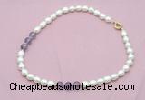 CFN332 9 - 10mm rice white freshwater pearl & amethyst necklace wholesale