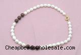 CFN340 9 - 10mm rice white freshwater pearl & mahogany obsidian necklace wholesale