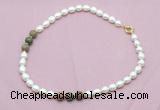 CFN347 9 - 10mm rice white freshwater pearl & unakite necklace wholesale