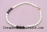 CFN354 9 - 10mm rice white freshwater pearl & brecciated jasper necklace wholesale