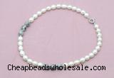 CFN358 9 - 10mm rice white freshwater pearl & grey picture jasper necklace wholesale