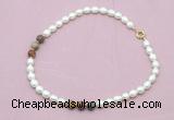 CFN360 9 - 10mm rice white freshwater pearl & picasso jasper necklace wholesale
