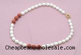 CFN361 9 - 10mm rice white freshwater pearl & red jasper necklace wholesale
