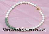 CFN402 9-10mm rice white freshwater pearl & green aventurine necklace