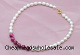 CFN410 9-10mm rice white freshwater pearl & red tiger eye necklace