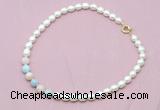 CFN415 9 - 10mm rice white freshwater pearl & morganite necklace