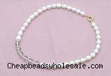 CFN431 9 - 10mm rice white freshwater pearl & white crystal necklace