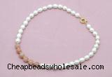 CFN436 9 - 10mm rice white freshwater pearl & moonstone gemstone necklace