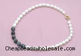 CFN439 9 - 10mm rice white freshwater pearl & snowflake obsidian necklace