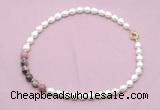CFN445 9 - 10mm rice white freshwater pearl & rhodonite gemstone necklace