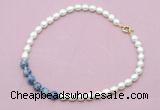 CFN450 9 - 10mm rice white freshwater pearl & blue spot stone necklace