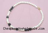 CFN525 9mm - 10mm potato white freshwater pearl & black banded agate necklace