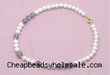 CFN532 9mm - 10mm potato white freshwater pearl & amethyst gemstone necklace