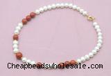 CFN561 9mm - 10mm potato white freshwater pearl & red jasper necklace