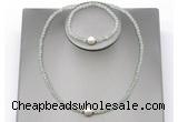 CFN607 4mm faceted round prehnite & potato white freshwater pearl jewelry set