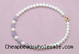 CFN705 9mm - 10mm potato white freshwater pearl & lavender amethyst necklace